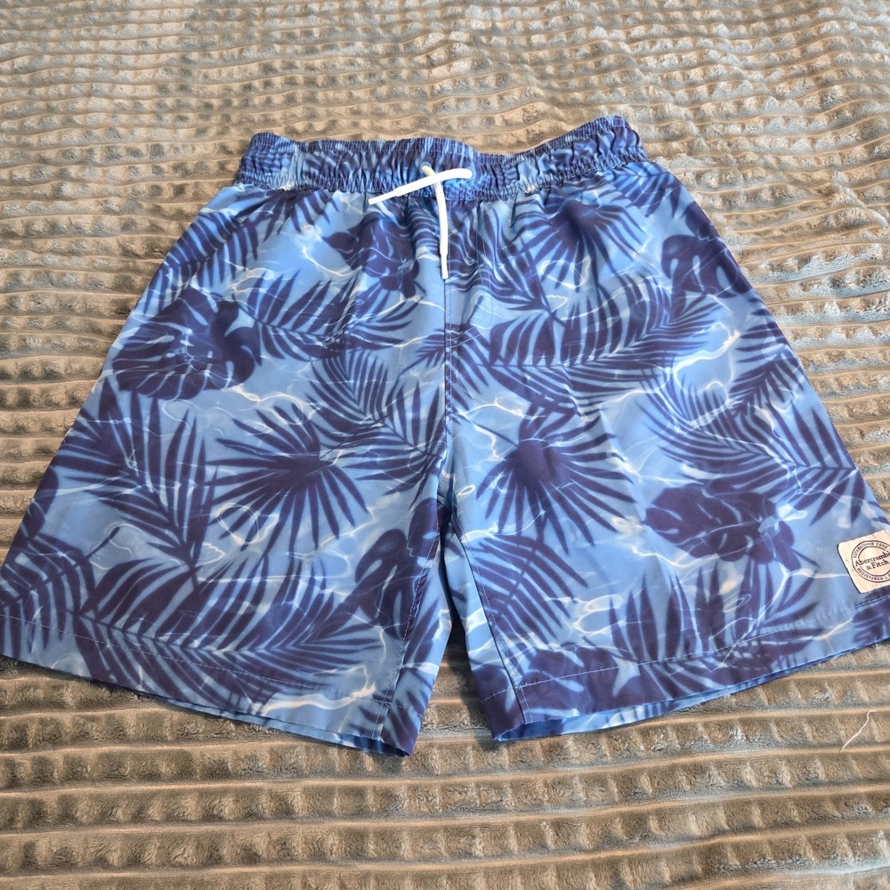 Abercrombie Kids Boys Swim Trunks Size 13/14 Blue Tropical Palm Leaf Mesh